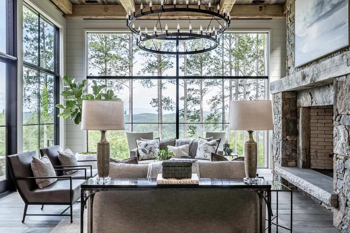 modern rustic living room with a fireplace