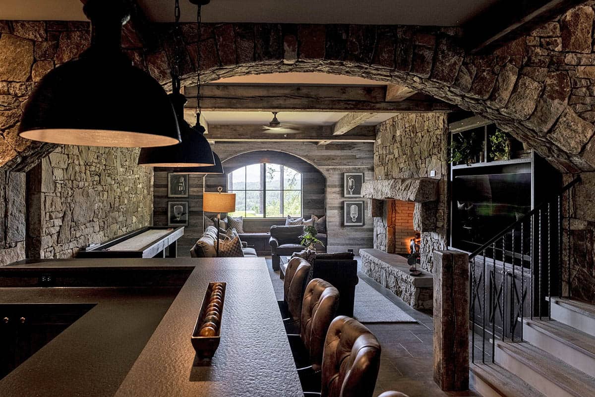 modern rustic family room home bar