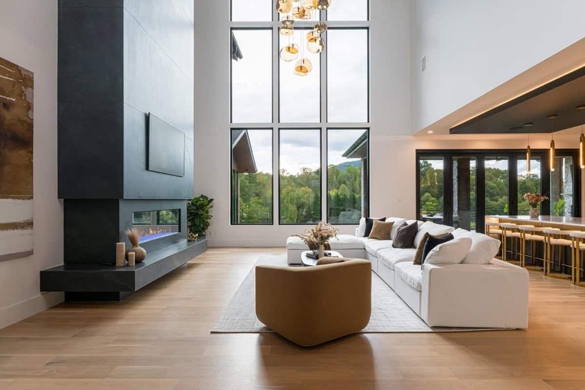 modern living room with a fireplace