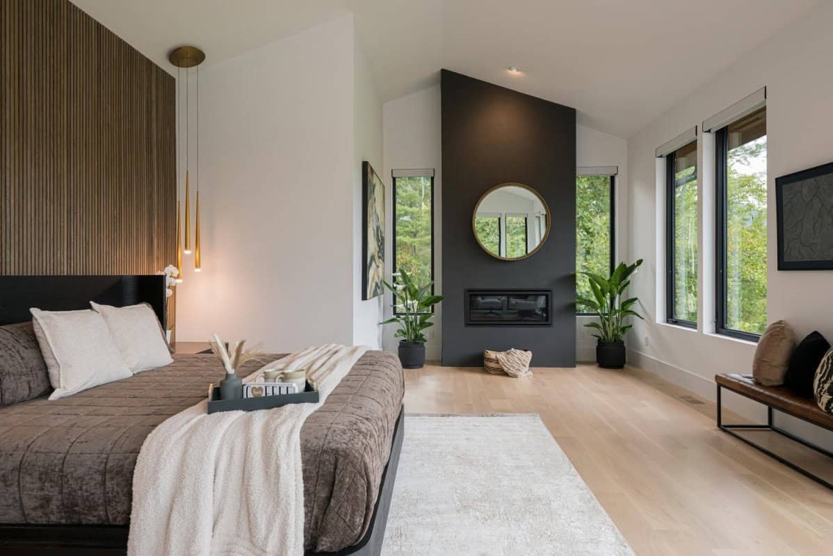 modern bedroom with a fireplace