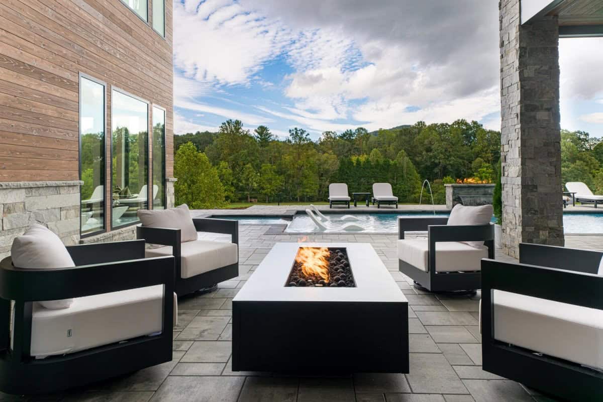 modern mountain home patio with a fire pit