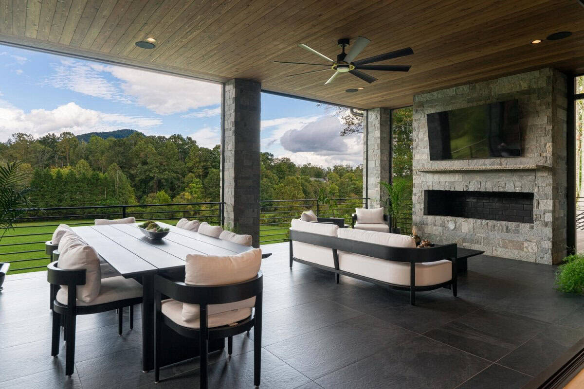 modern mountain home exterior with a covered patio