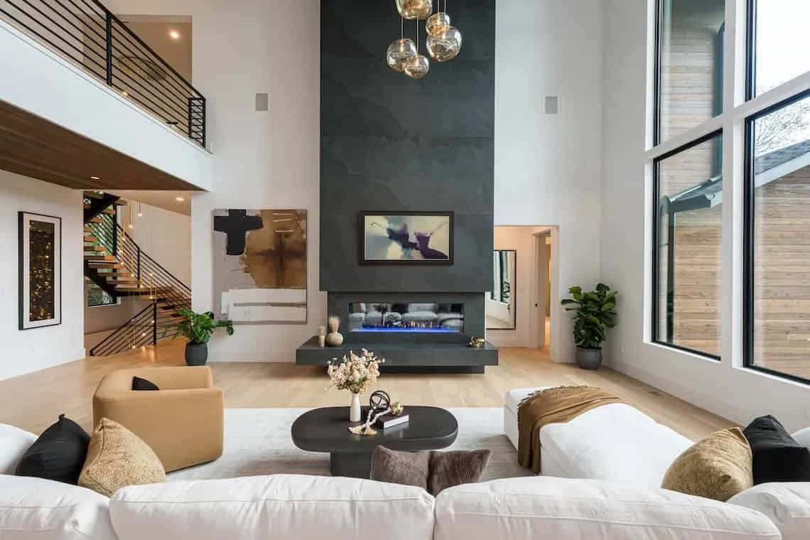 modern living room with a fireplace