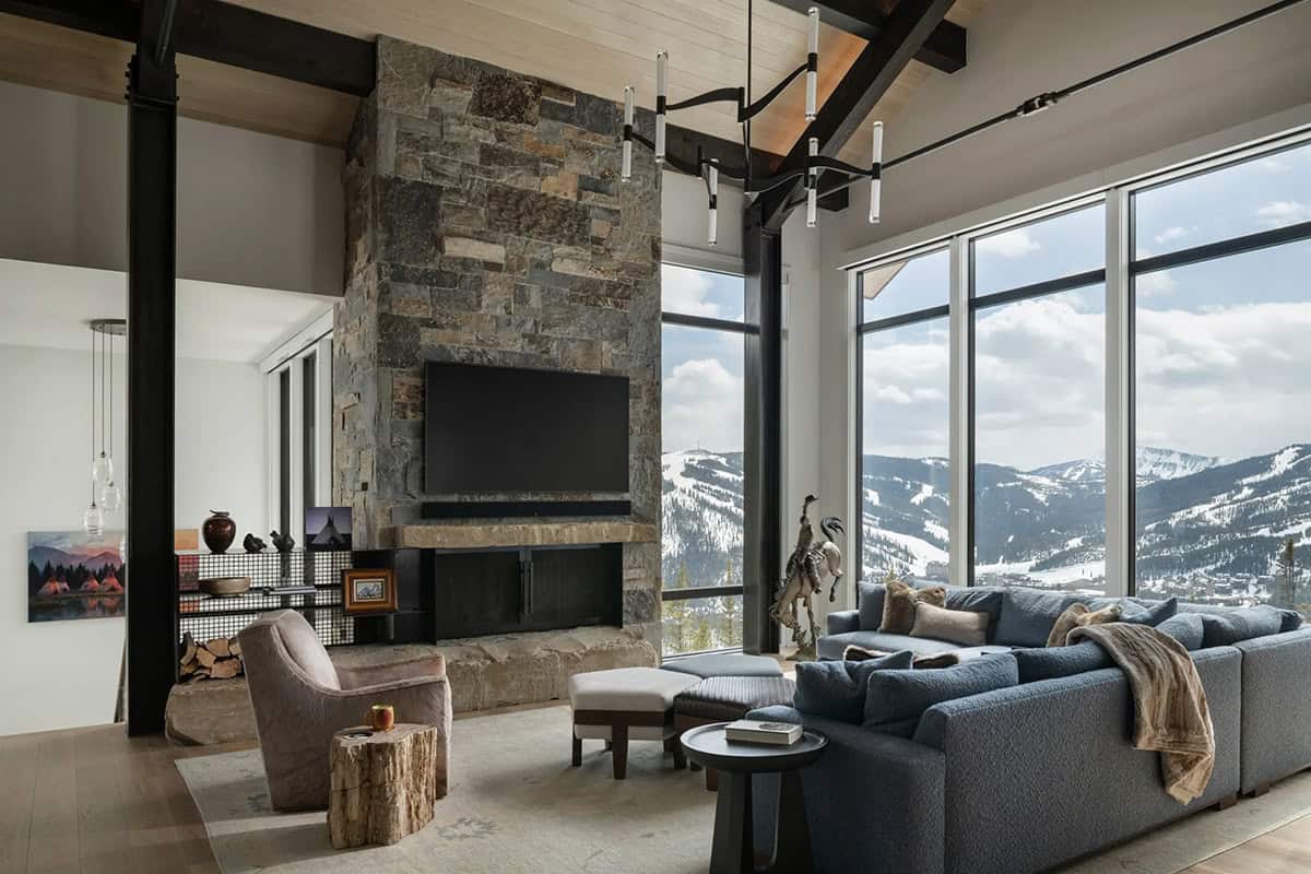 modern living room with a stone fireplace