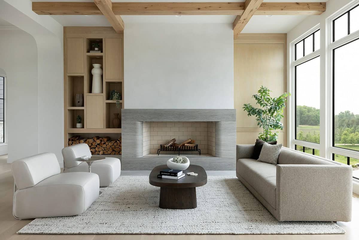 contemporary living room with a fireplace