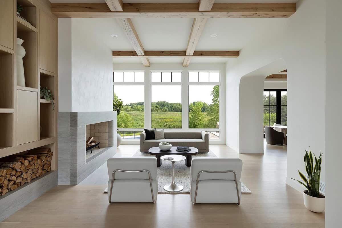 contemporary living room with a fireplace