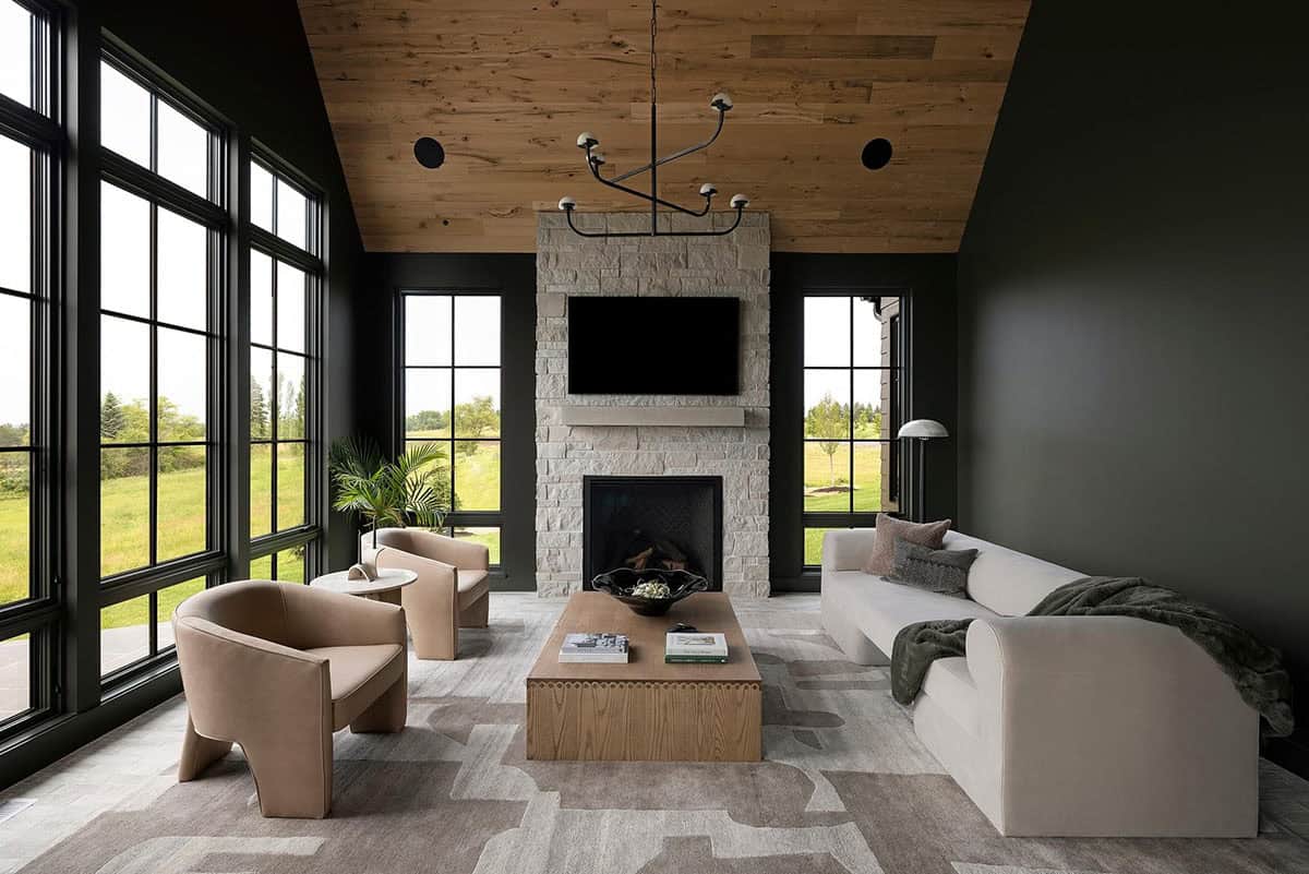 contemporary sunroom with a fireplace