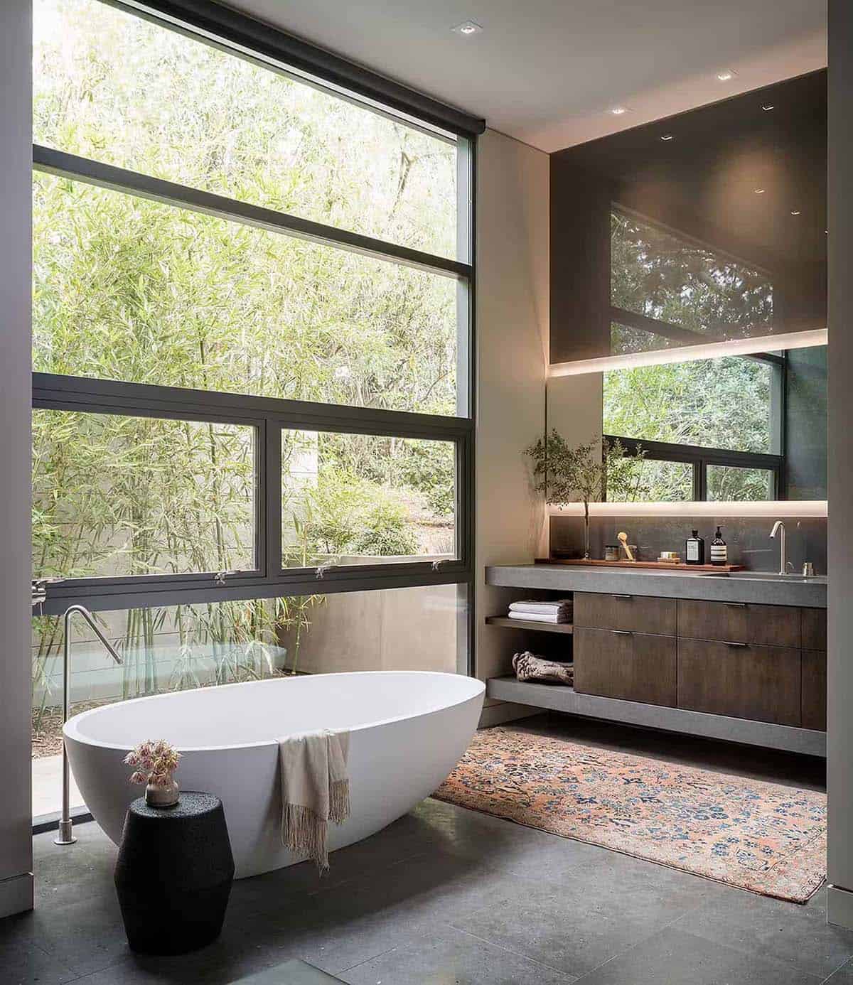 midcentury modern bathroom with a large window