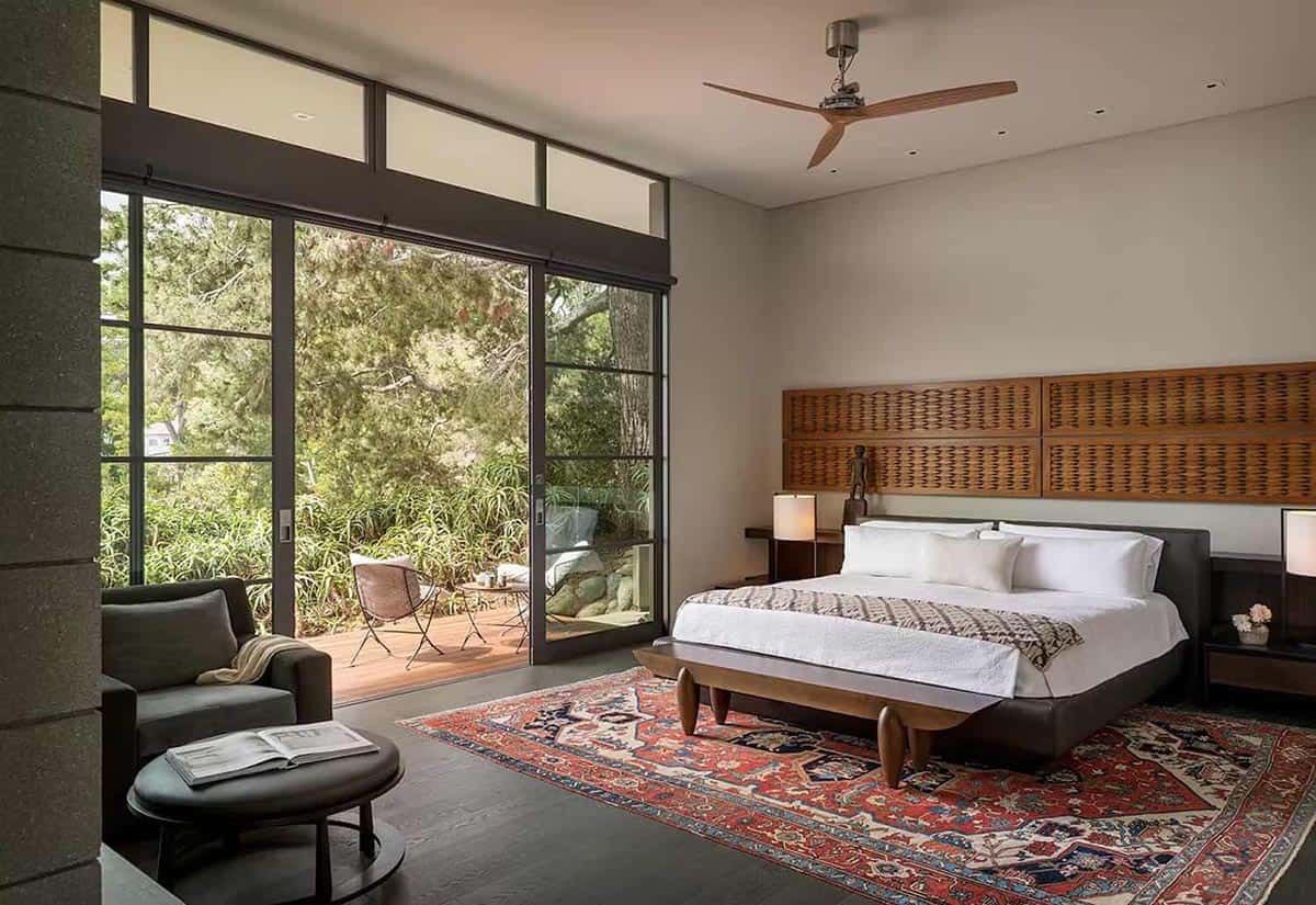 midcentury modern bedroom with floor-to-ceiling windows