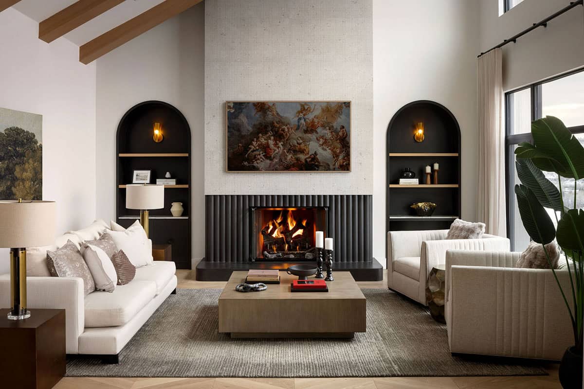 minimalistic japanese inspired living room with a fireplace