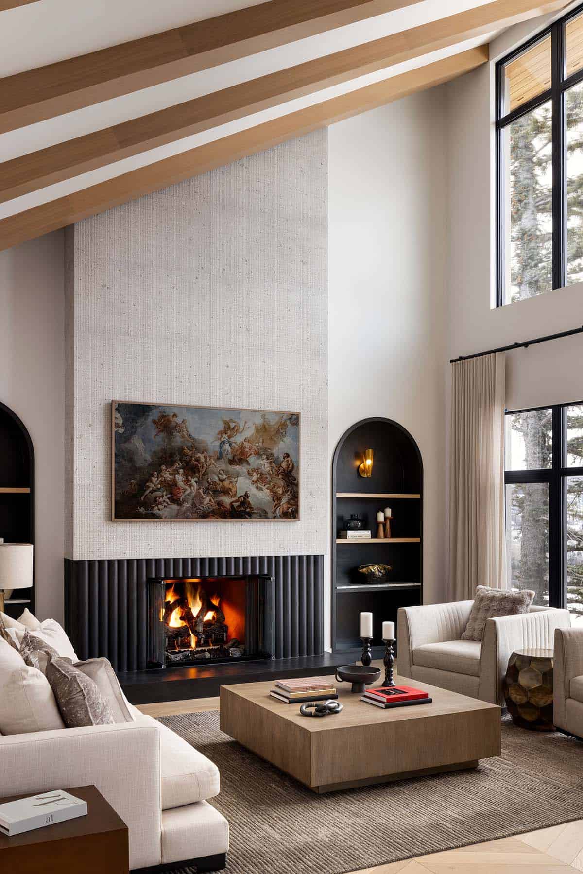 minimalistic japanese inspired living room with a fireplace