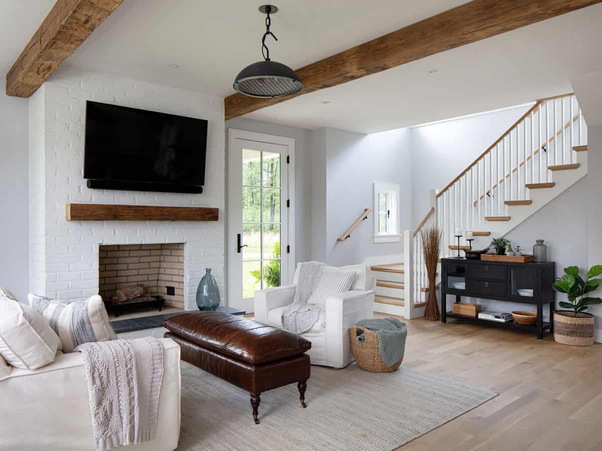 modern farmhouse living room with a fireplace