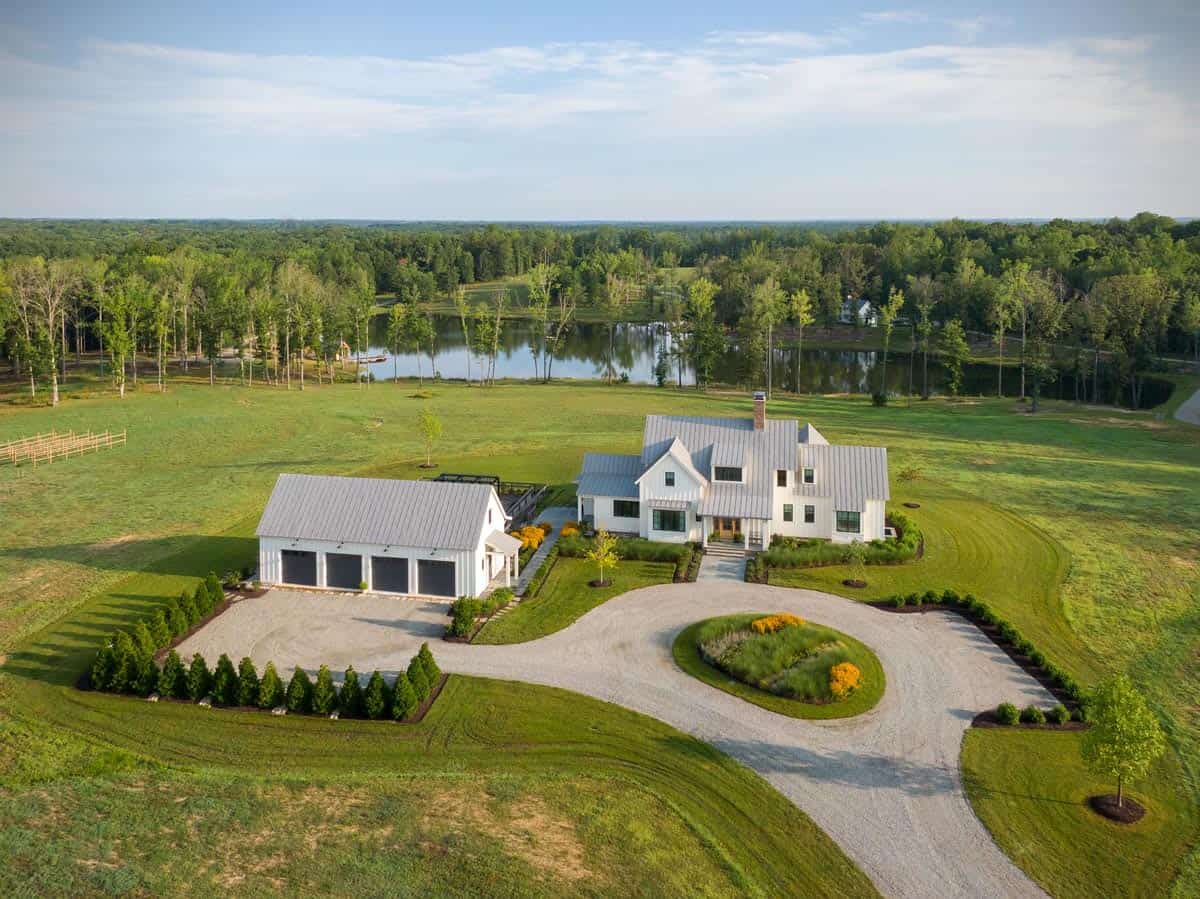 modern farmhouse exterior aerial view