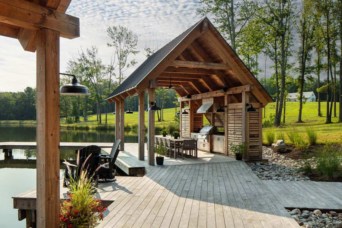 modern farmhouse exterior with a lakeside dock