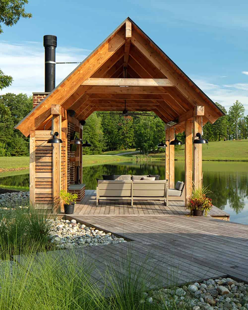 modern farmhouse exterior with a lakeside dock