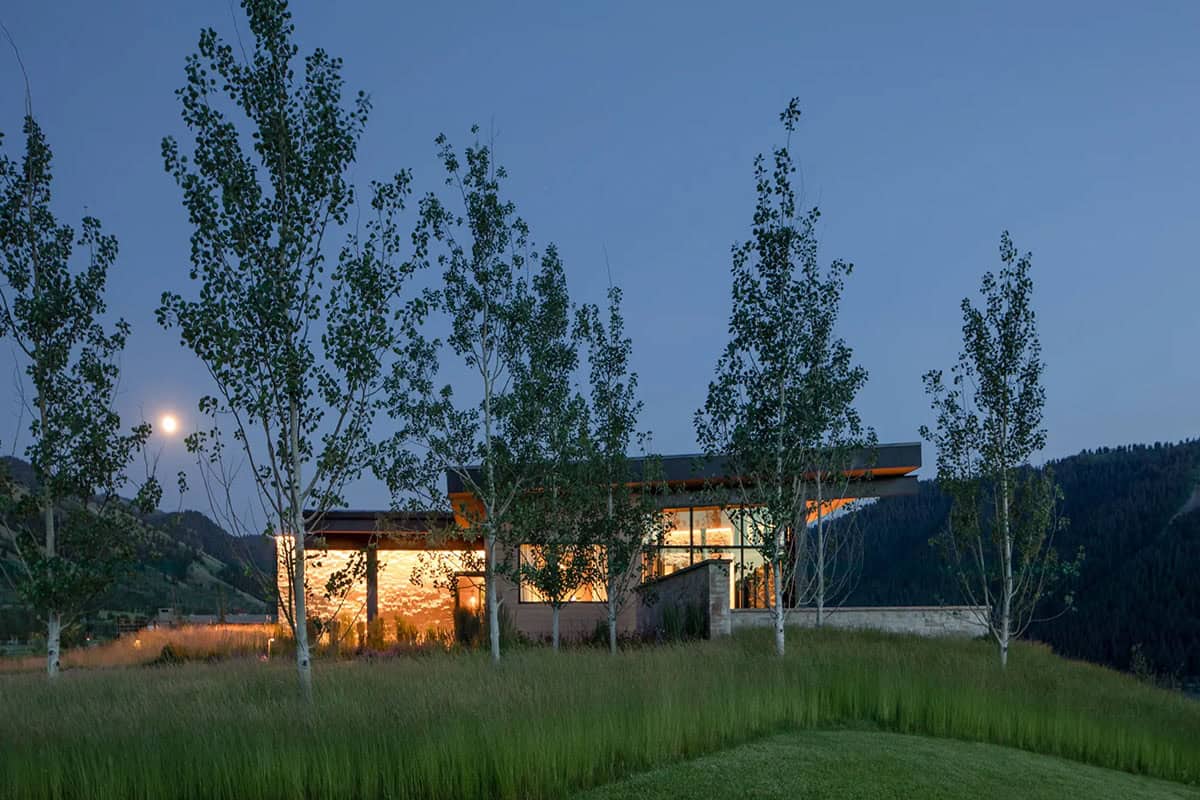 modern home exterior at dusk
