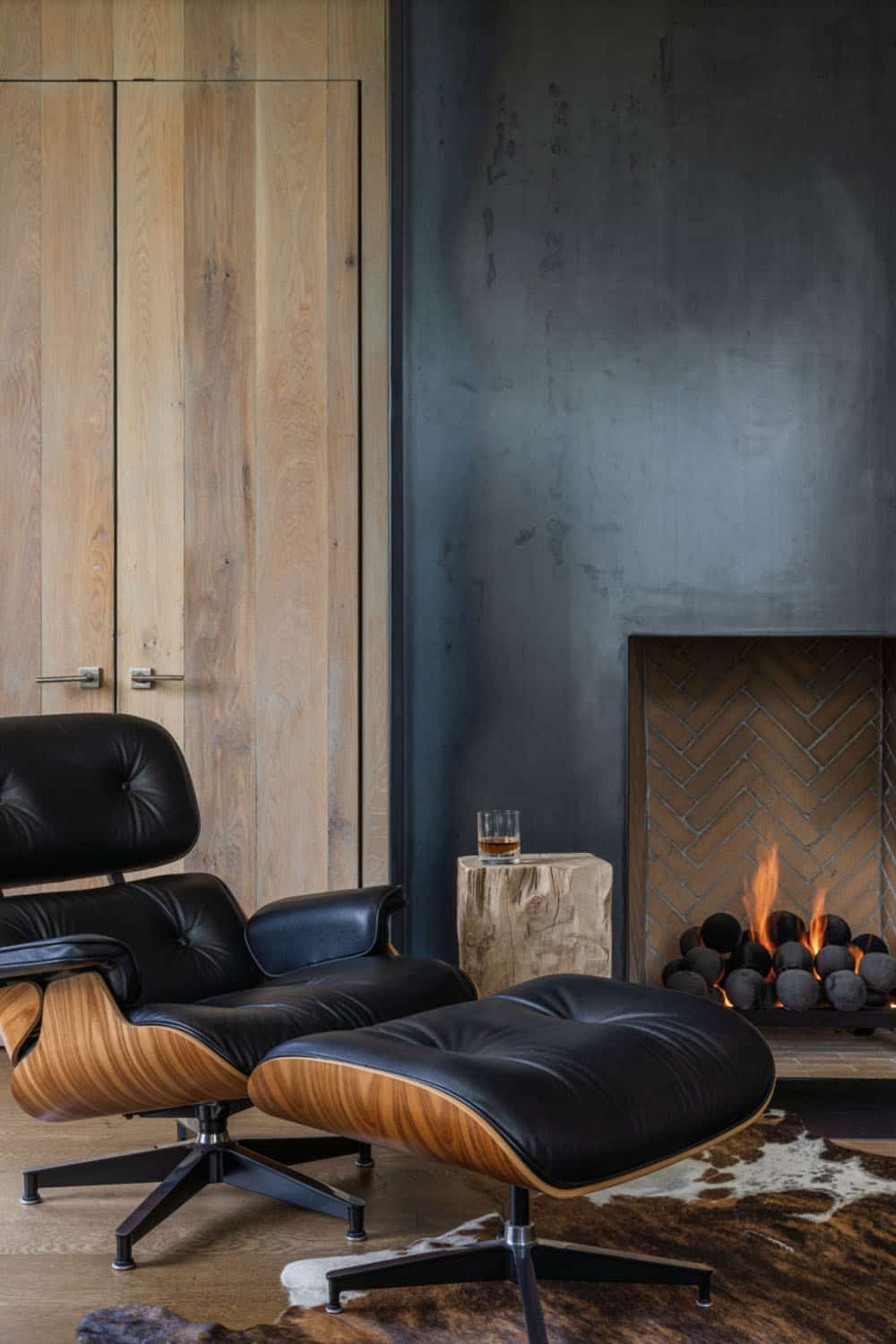 modrn home office with a fireplace