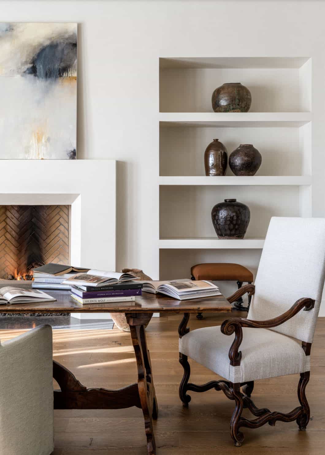 modrn dining room with a fireplace