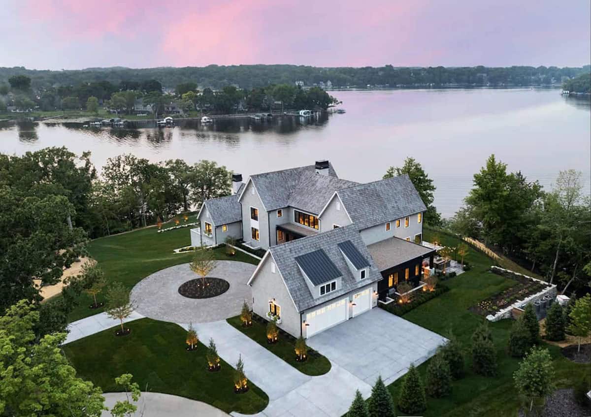modern lake house exterior aerial view