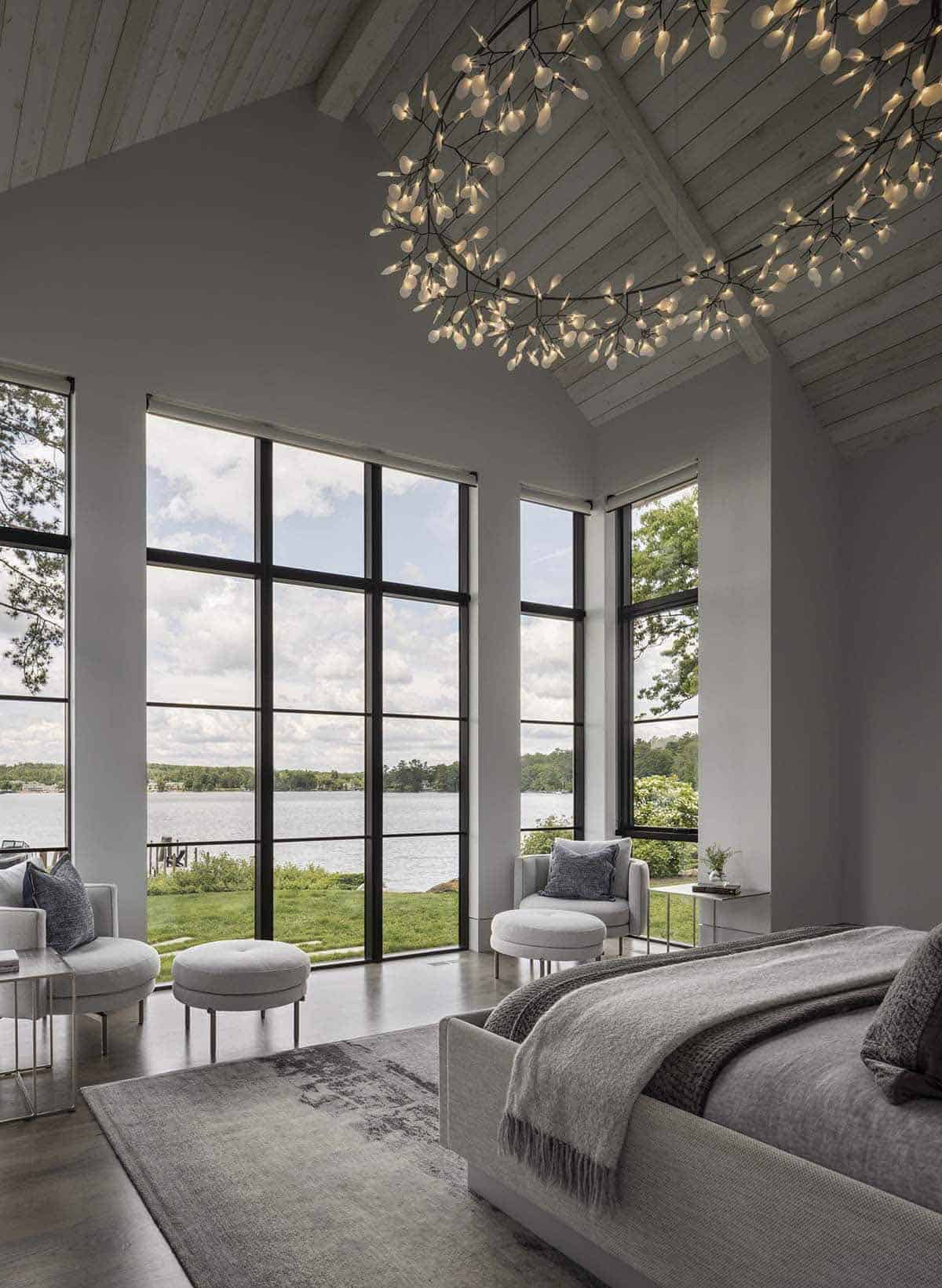 modern bedroom with large windows and a lake view