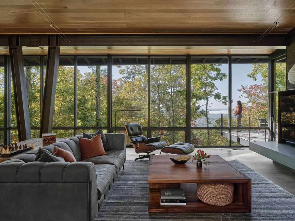 modern mountain style living room with large walls of glass