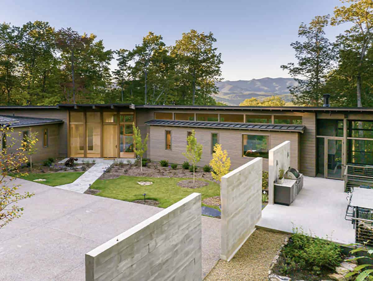 modern mountain home exterior at dusk