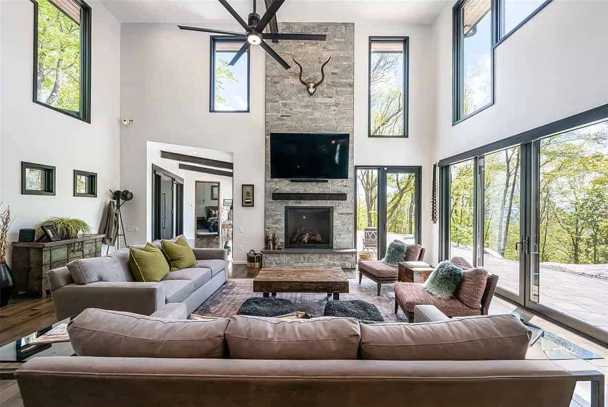 modern living room with a fireplace