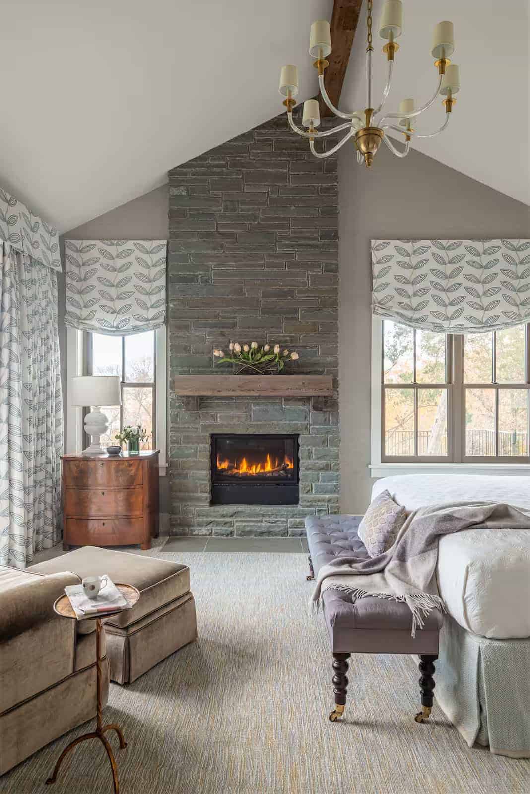 modern rustic bedroom with a fireplace