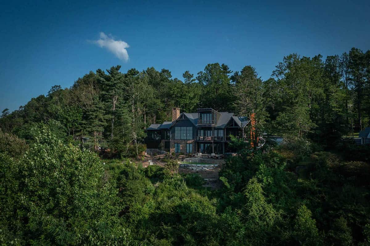 modern rustic mountain house exterior aerial view