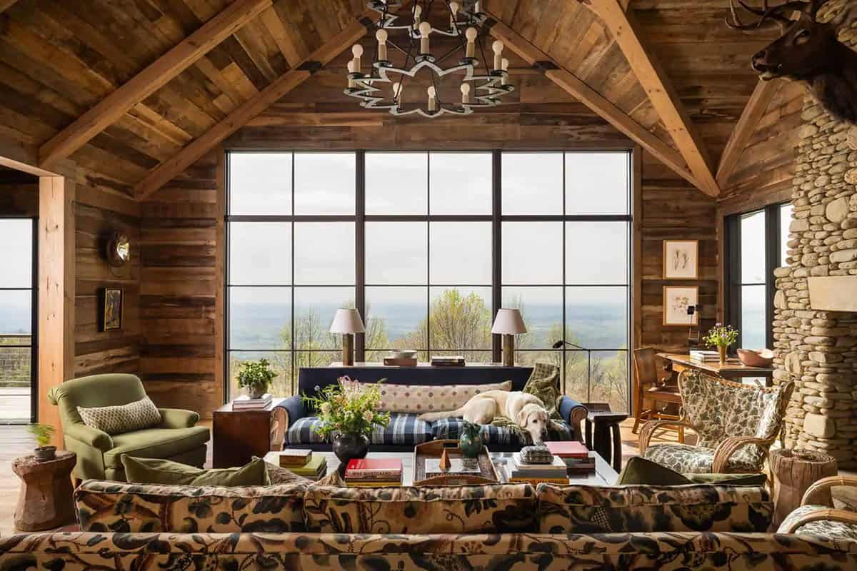 modern rustic living room with a large window