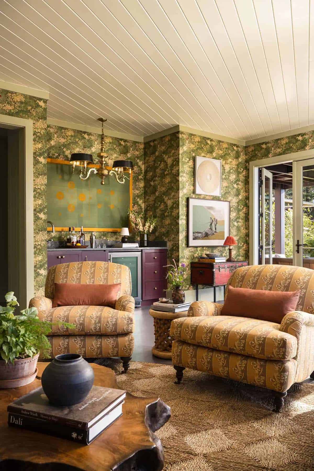 modern rustic family room with a wet bar