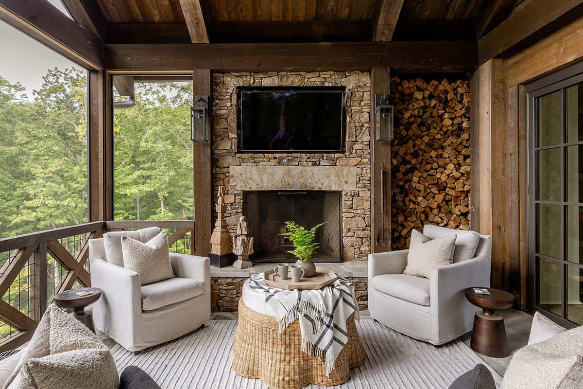 modern rustic mountain house exterior covered porch with a fireplace and outdoor furniture