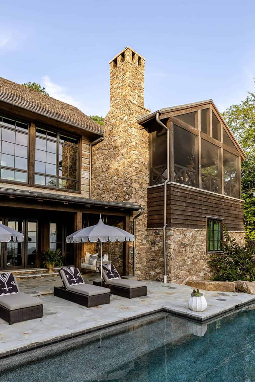 modern rustic mountain house exterior with a pool