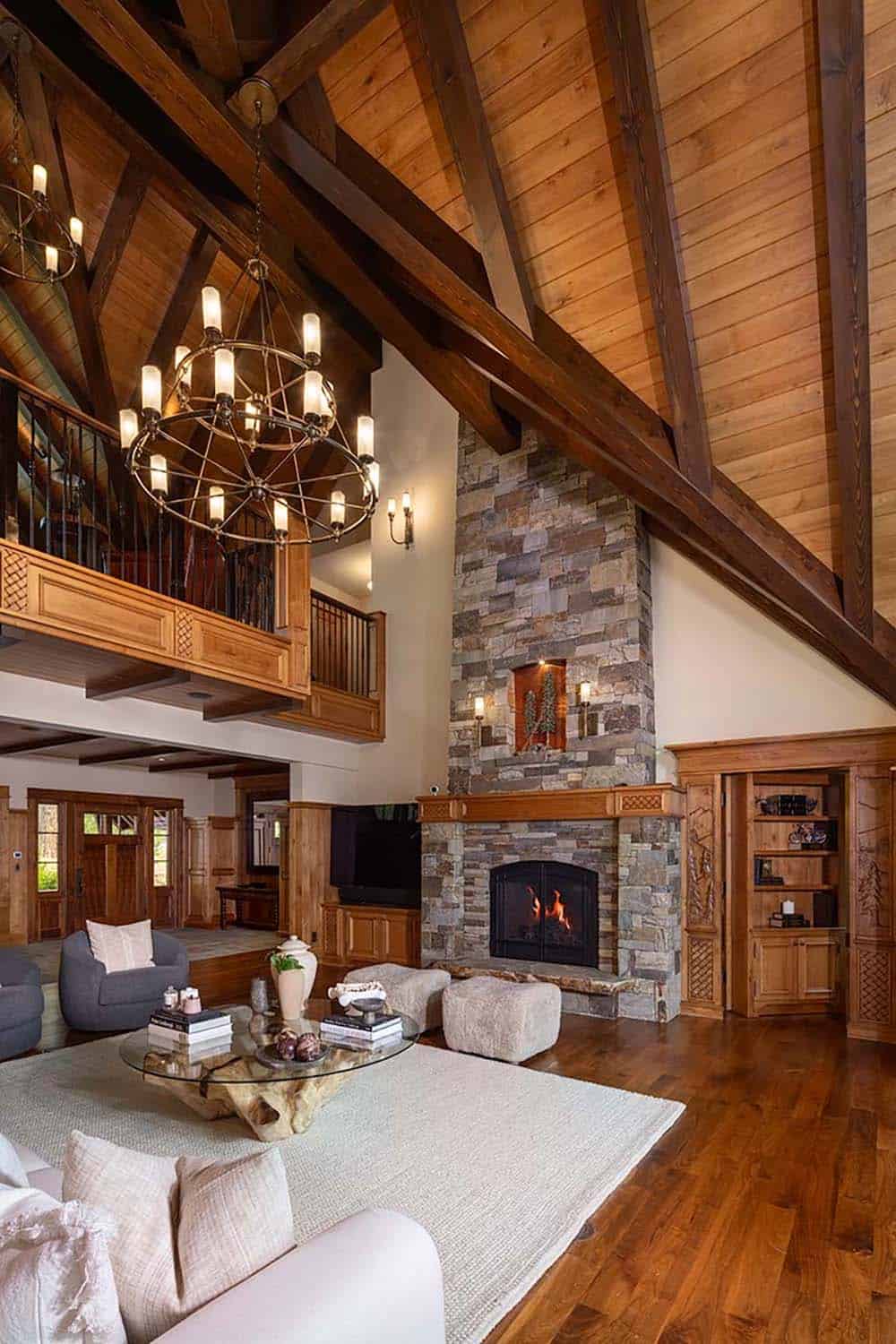 contemporary mountain style living room with a fireplace
