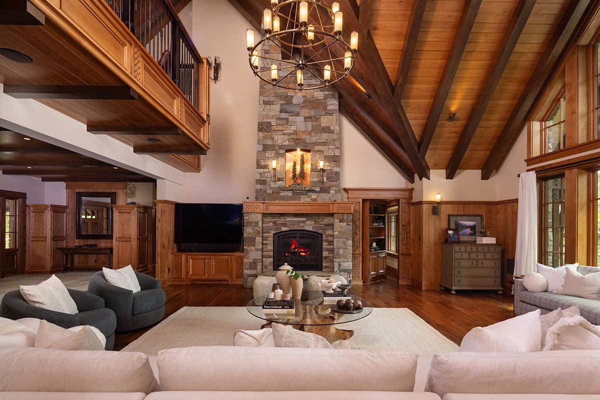contemporary mountain style living room with a fireplace