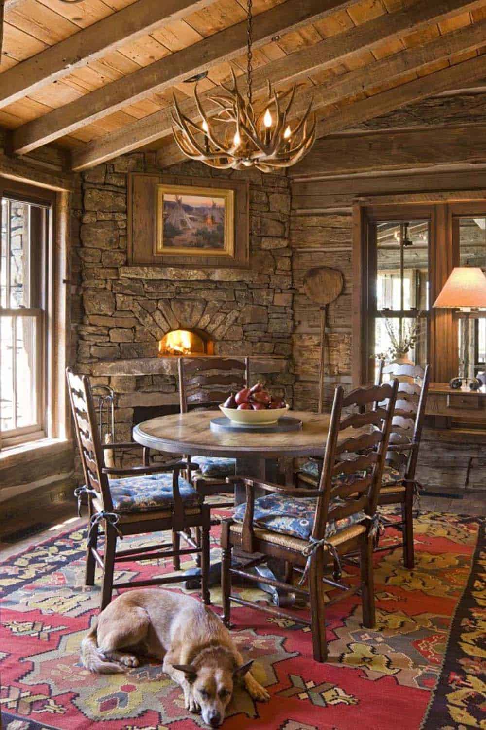rustic breakfast nook with a fireplace