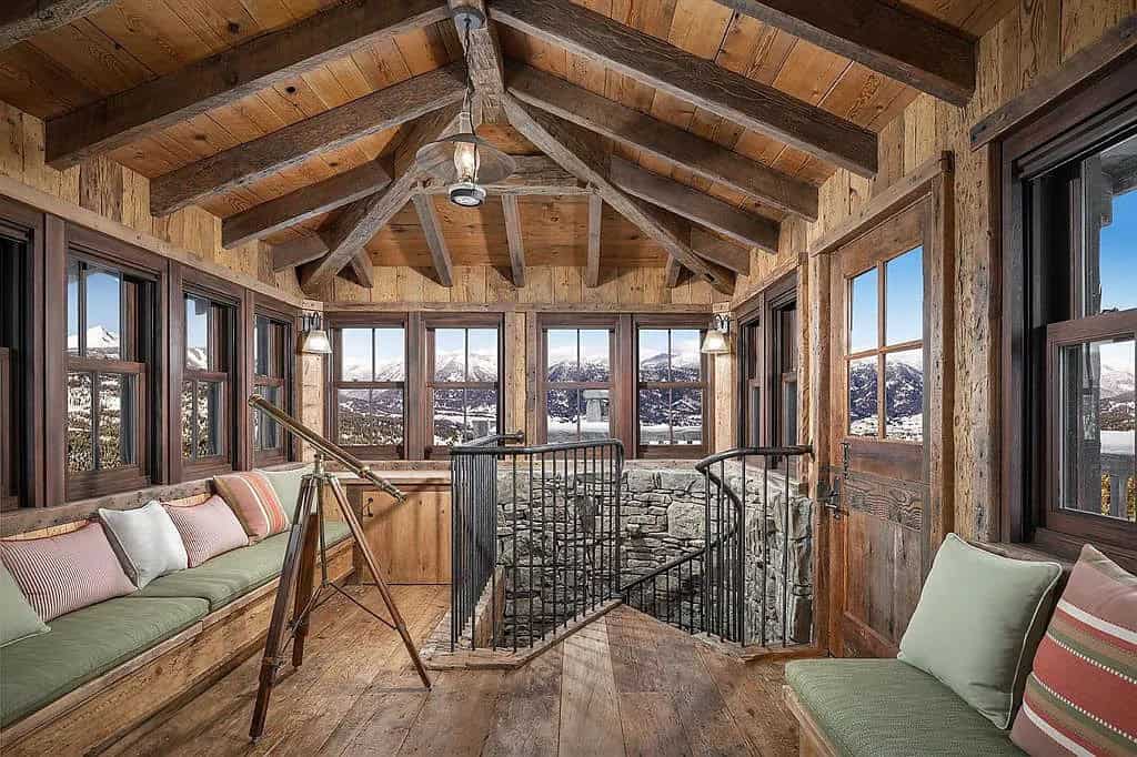 rustic lookout tower with built-in seating