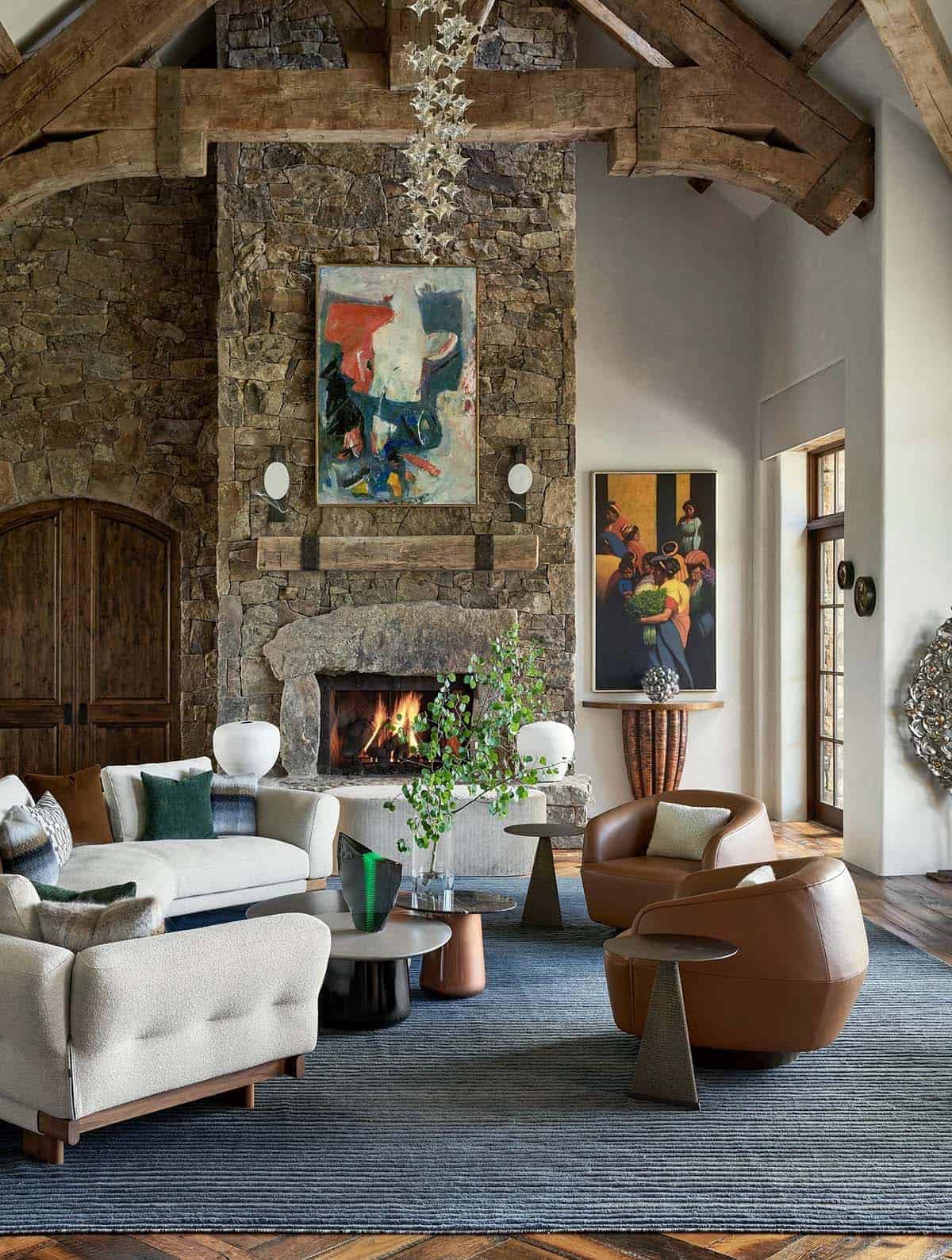 mountain modern living room with a fireplace