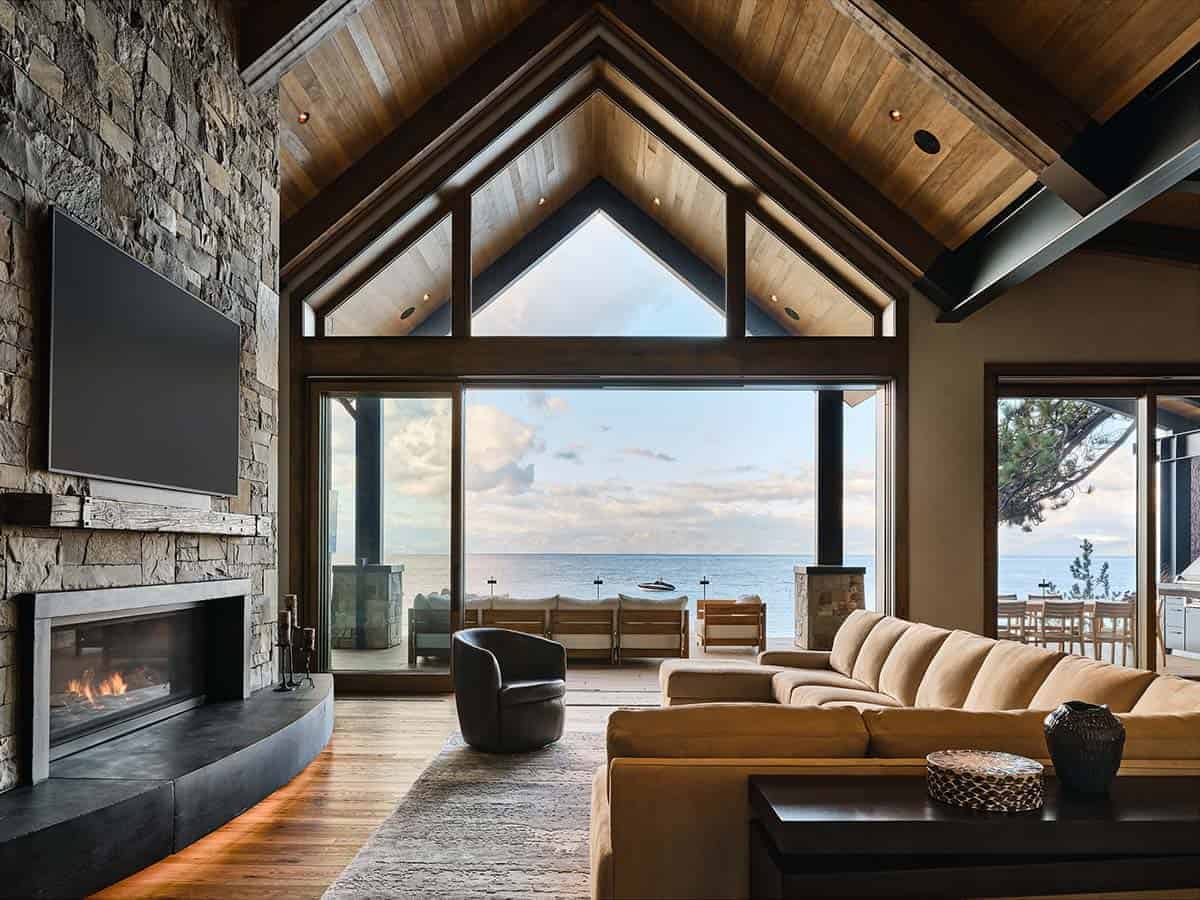 mountain modern living room with a fireplace