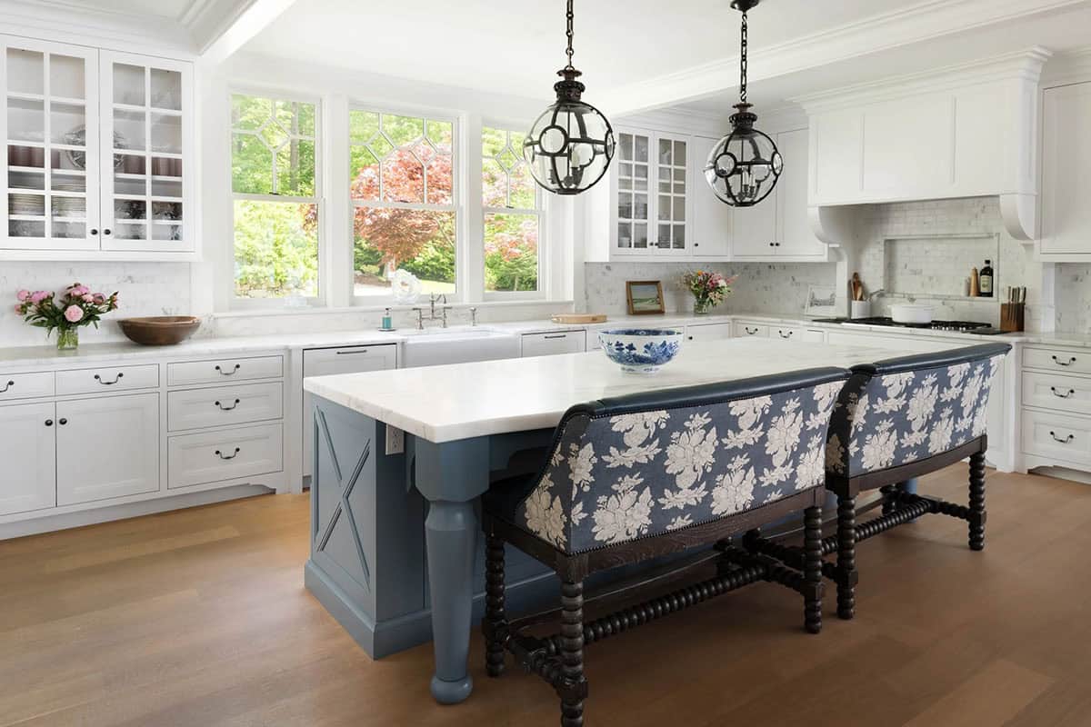 contemporary kitchen with pendant lights