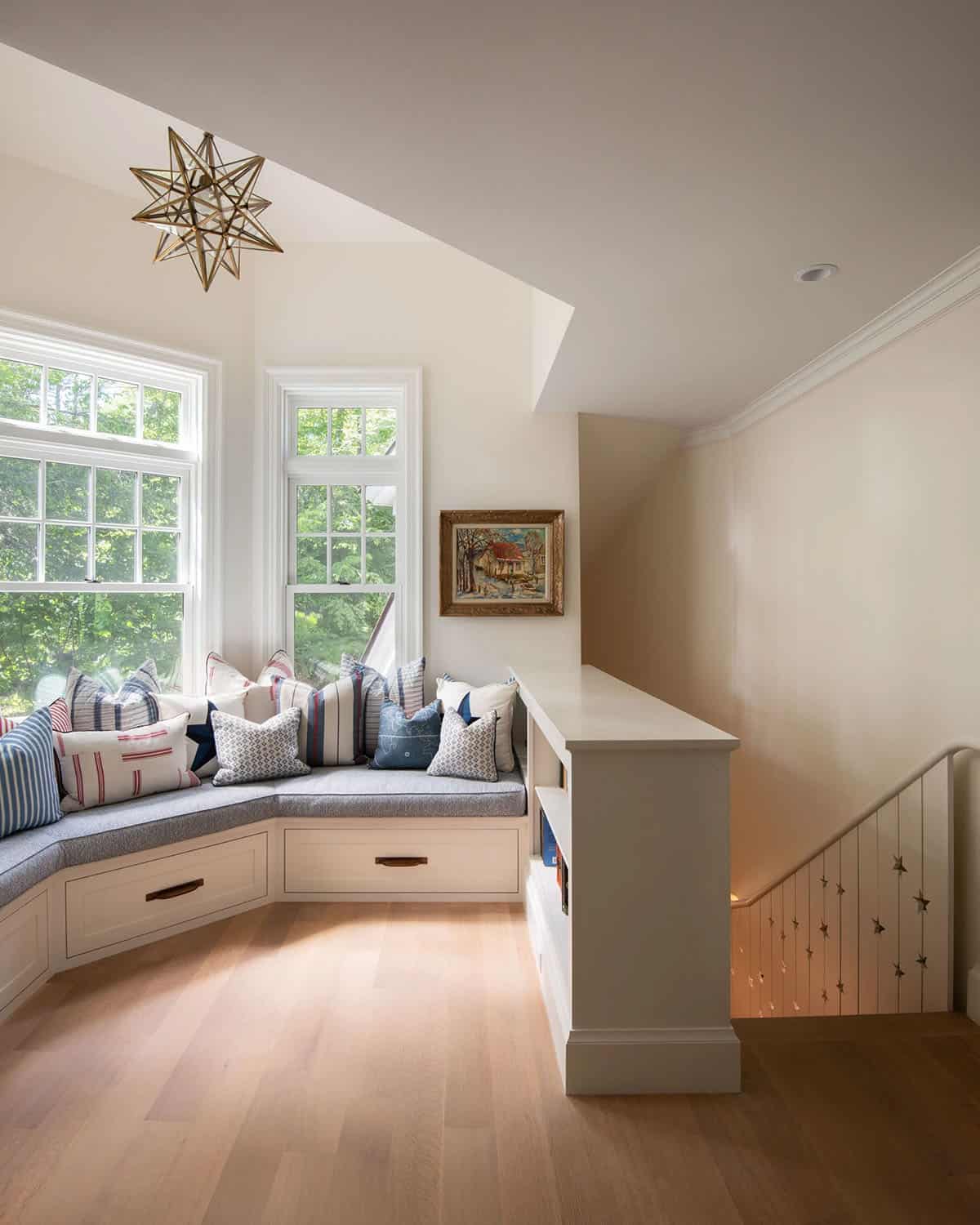 contemporary built-in window seat and staircase