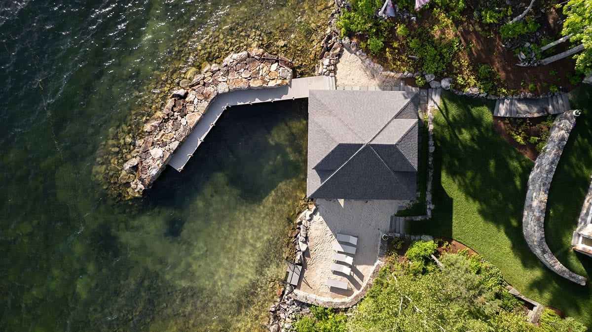 boat house exterior on lake winnipesaukee aerial view