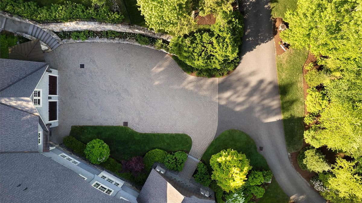 shingle style lake house exterior aerial view