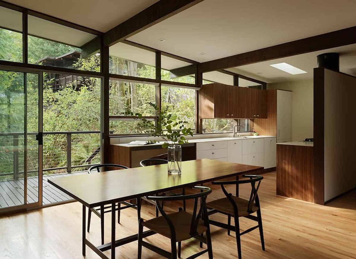 mid-century modern dining room and kitchen