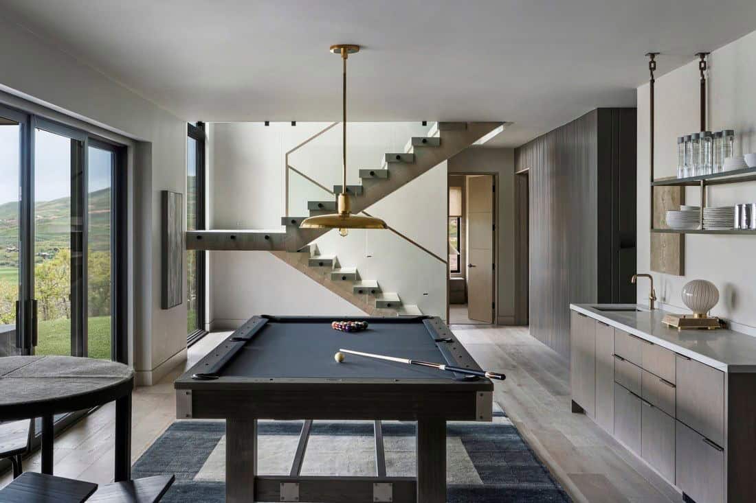 organic modern lower level game room with a pool table 