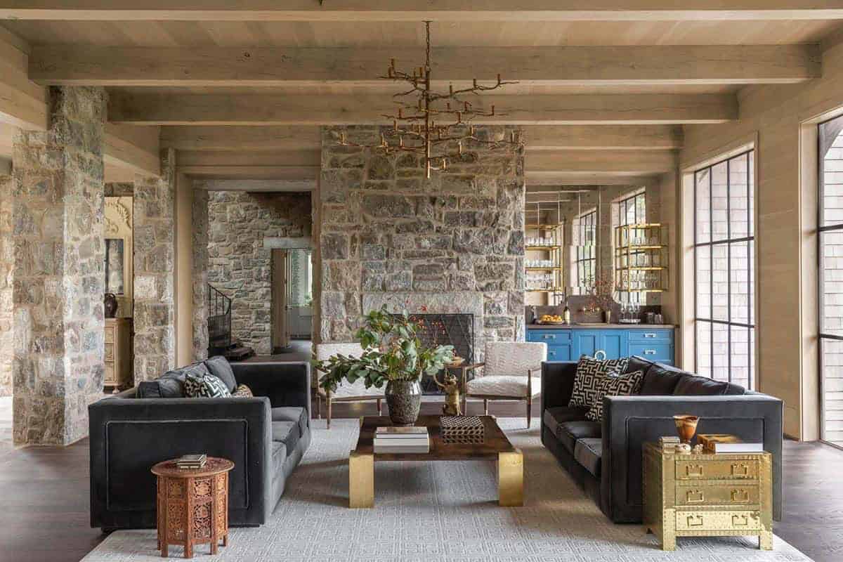 refined rustic living room with a fireplace