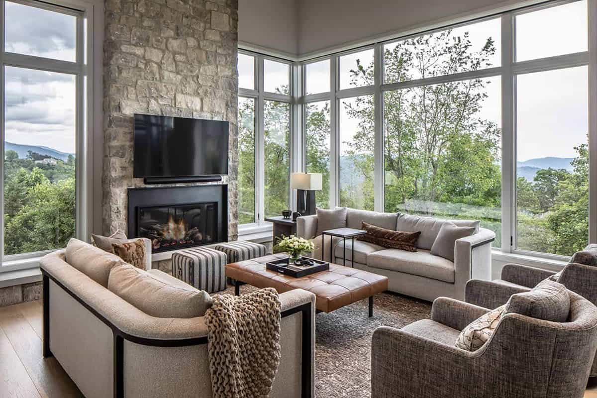 modern living room with a fireplace