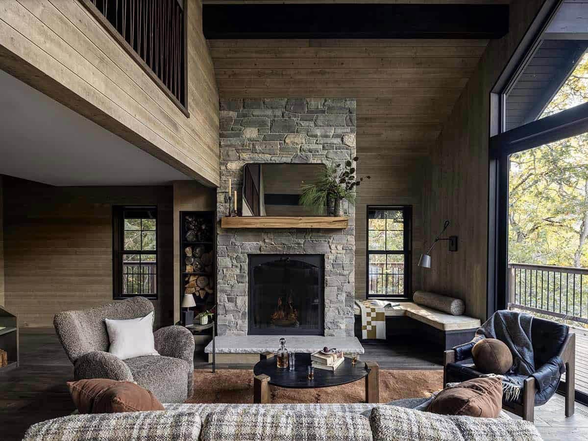 rustic living room with a fireplace