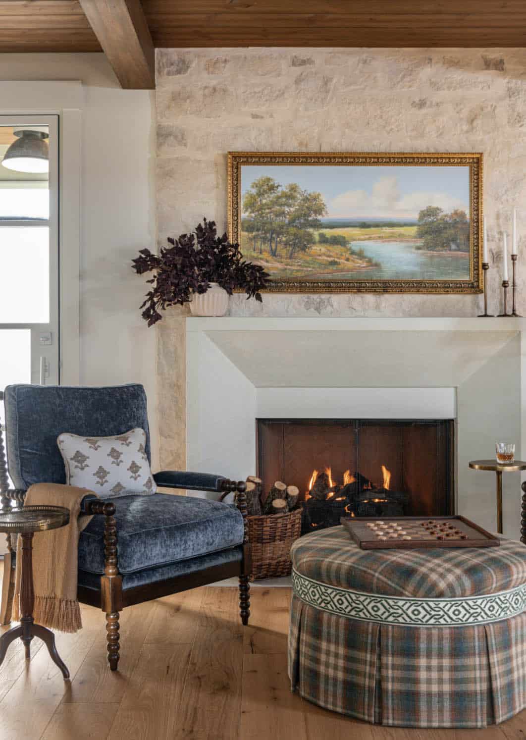 Farmhouse Living Room With a Fireplace