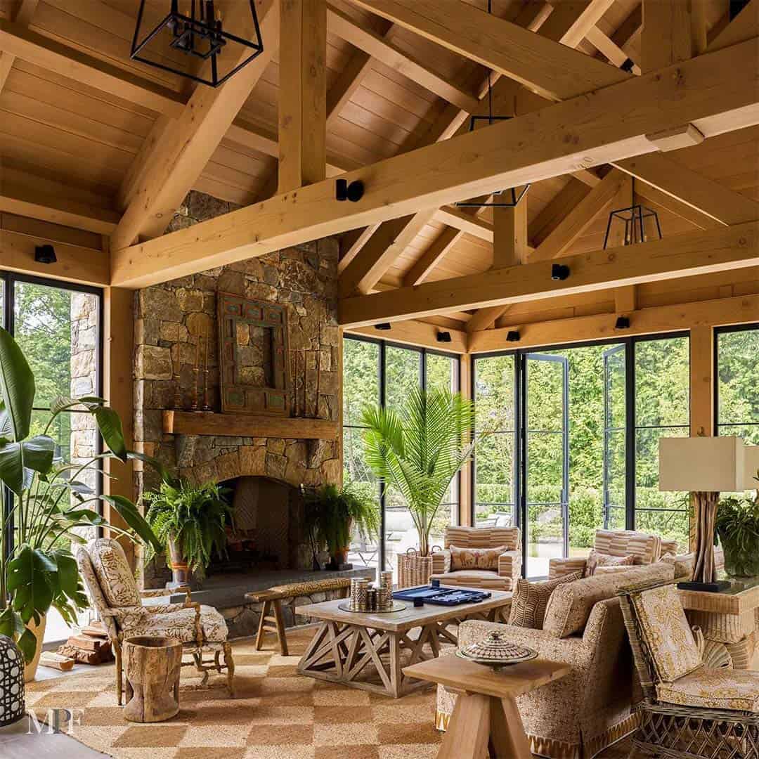 modern rustic living room with a fireplace